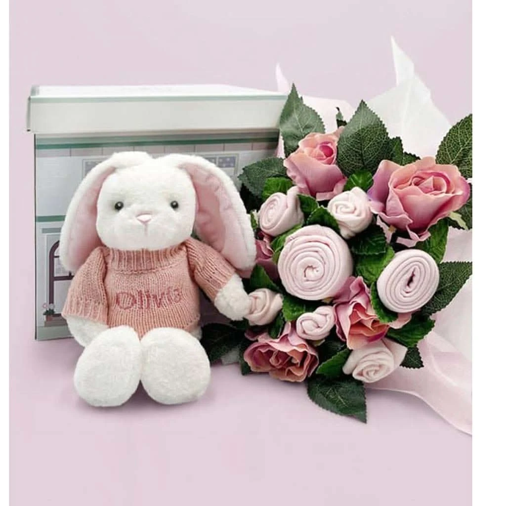 Babyblooms Hand Tied Baby Clothes Bouquet And Personalized Bunny 7 Babyblooms Hand Tied Baby Clothes Bouquet And Personalized Bunny - Image 7