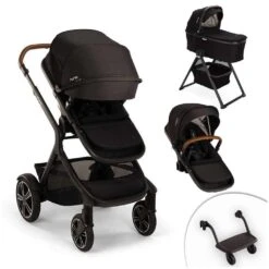 Nuna Demi Next Double Stroller + Rider Board + Bassinet